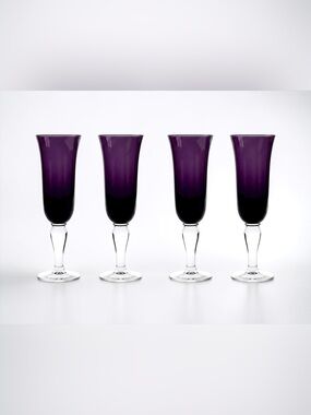 Vintage Artland Salute Amethyst Champagne Flutes Hand Blown Glass Set of 4